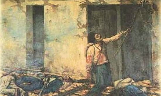 La quema del mesón por Juan Santamaría (1896), óleo sobre tela, del pintor costarricense Enrique Echandi, CP/WikiCommons