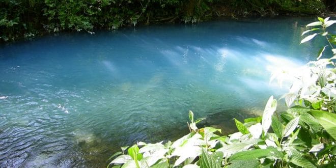 La coloración del agua de este río Celeste es producto de una combinación de factores físicos, químicos y ópticos. Crédito: UCR/Max Chavarría Vargas