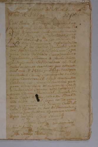 Reproducción del acta del 22 de septiembre de 1820, que registra una sesión del ayuntamiento de Nicoya (folio 1).